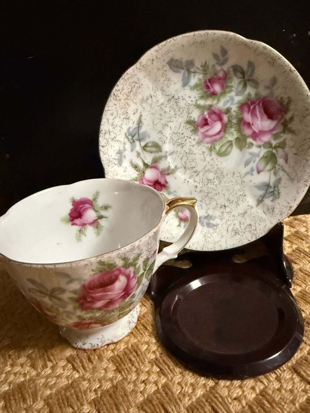Norcrest Fine China Dresden Rose Footed Teacup and Saucer Set